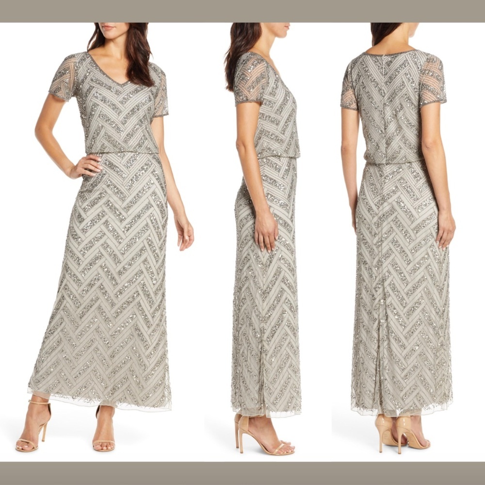 NEW Pisarro Nights Embellished Blouson Gown in Silver [‎ SZ 2 ] #E964